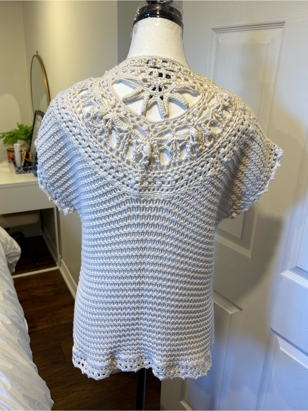Pure Handknit Cream Crochet Open Knit Short Sleeve Sweater L/XL